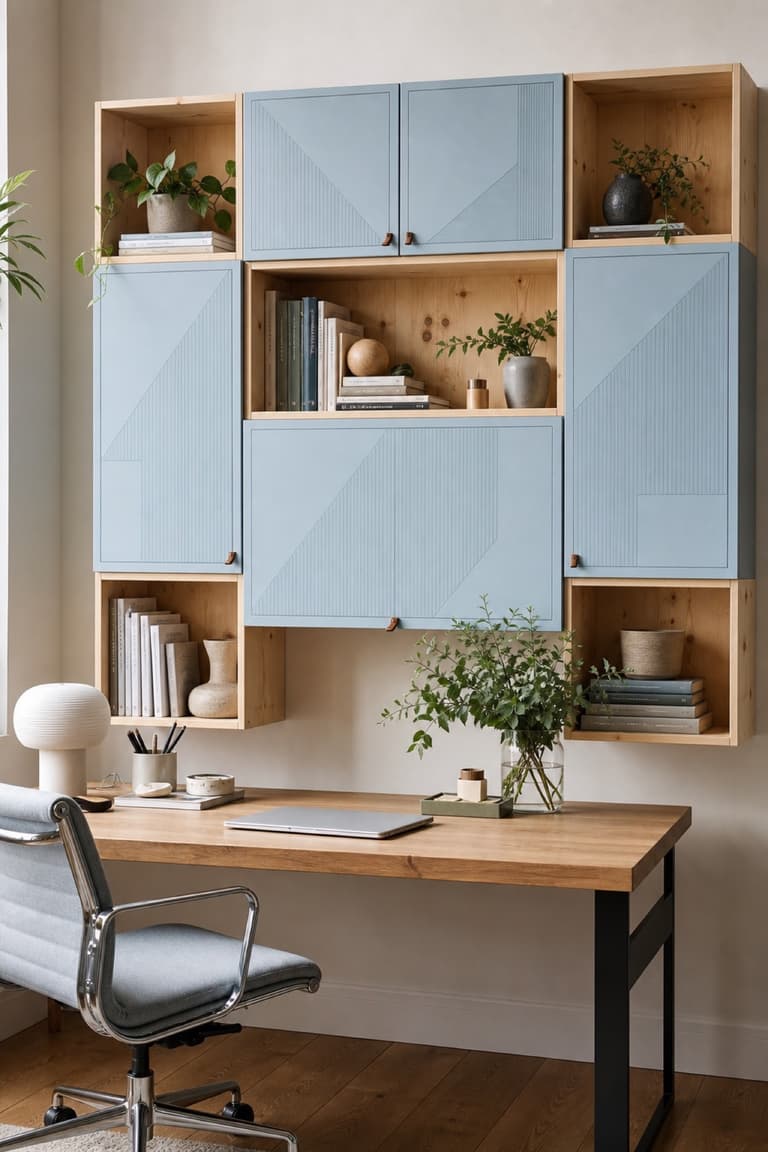 Meuble IVAR mural peint en bleu clair avec façades à motif géométrique dans un bureau lumineux