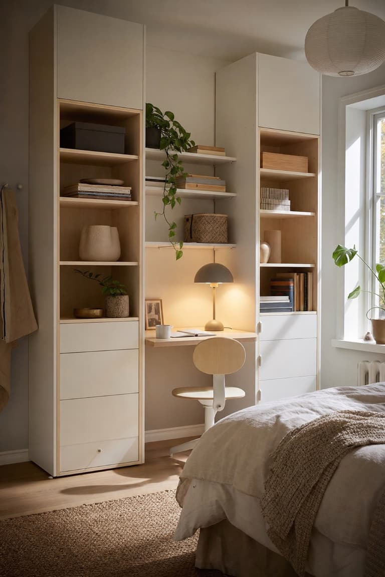 Composition de meubles IVAR blancs avec niches, rangements et petit bureau intégré dans une chambre.