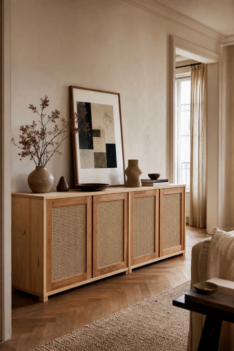 Meuble IVAR transformé avec des portes en cannage et un cadre en bois dans un salon chaleureux