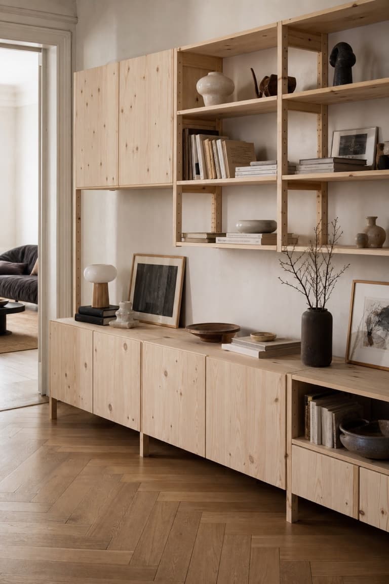 Composition de meubles IVAR en pin naturel avec rangements bas et étagères ouvertes dans un intérieur lumineux