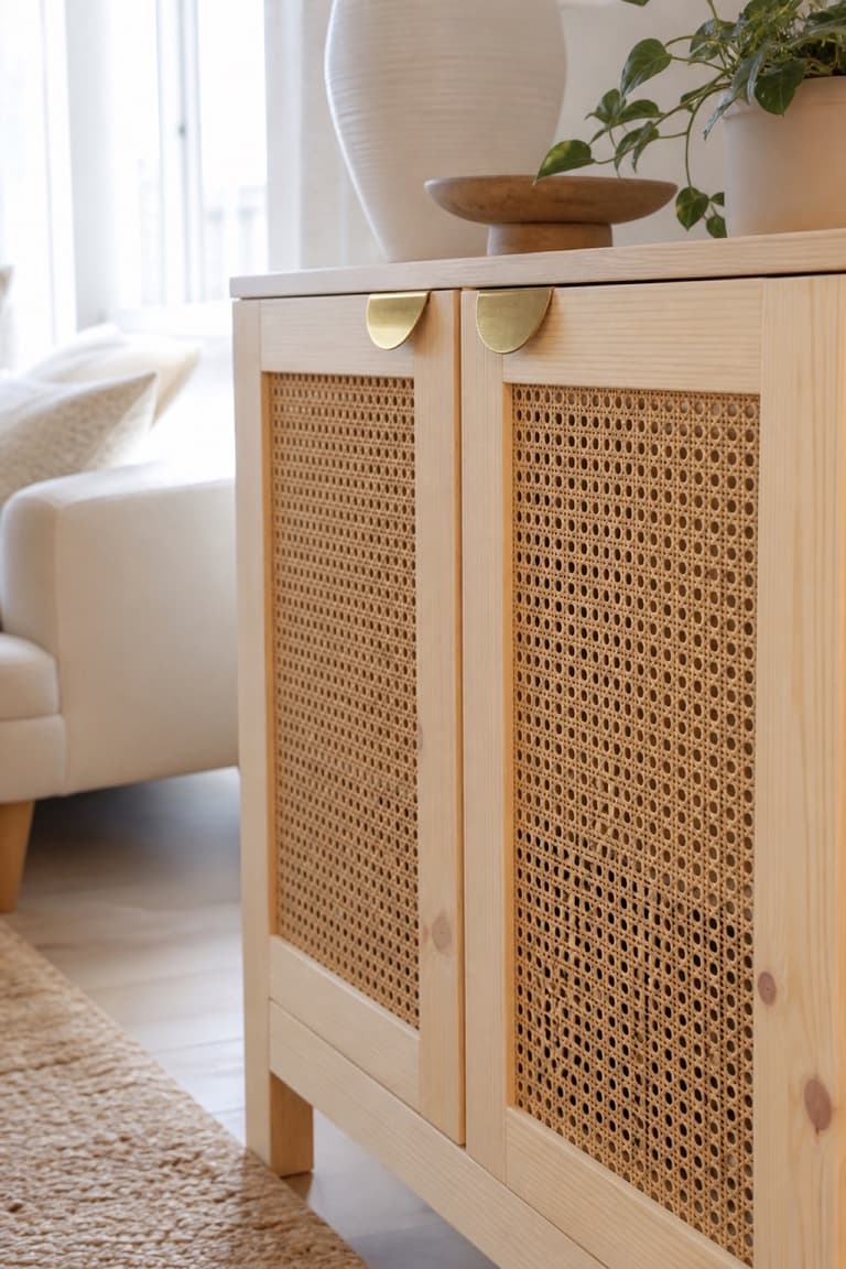 Détail de portes IVAR en cannage avec poignées demi-lune en laiton et structure en pin naturel.