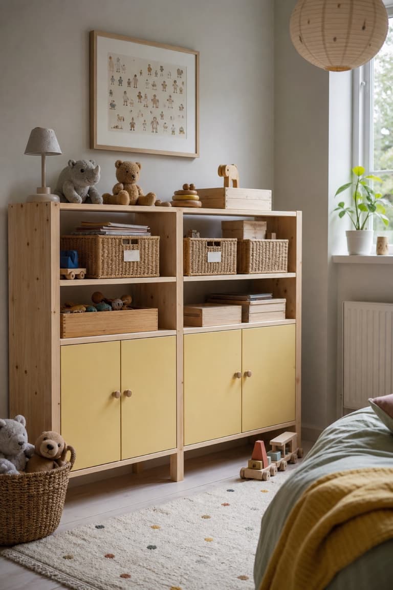 Meuble IVAR en pin avec portes jaune pâle, paniers et rangements ouverts dans une chambre d’enfant.