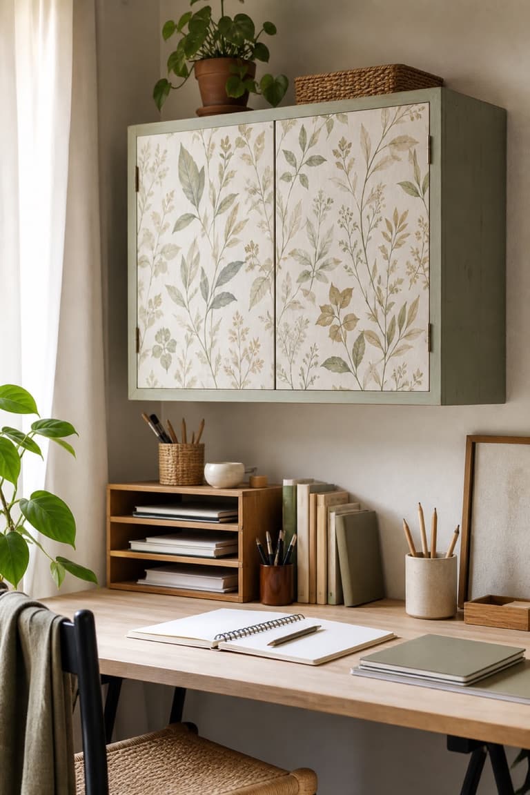 Meuble IVAR mural avec portes recouvertes d’un papier peint botanique et cadre vert sauge dans un bureau.