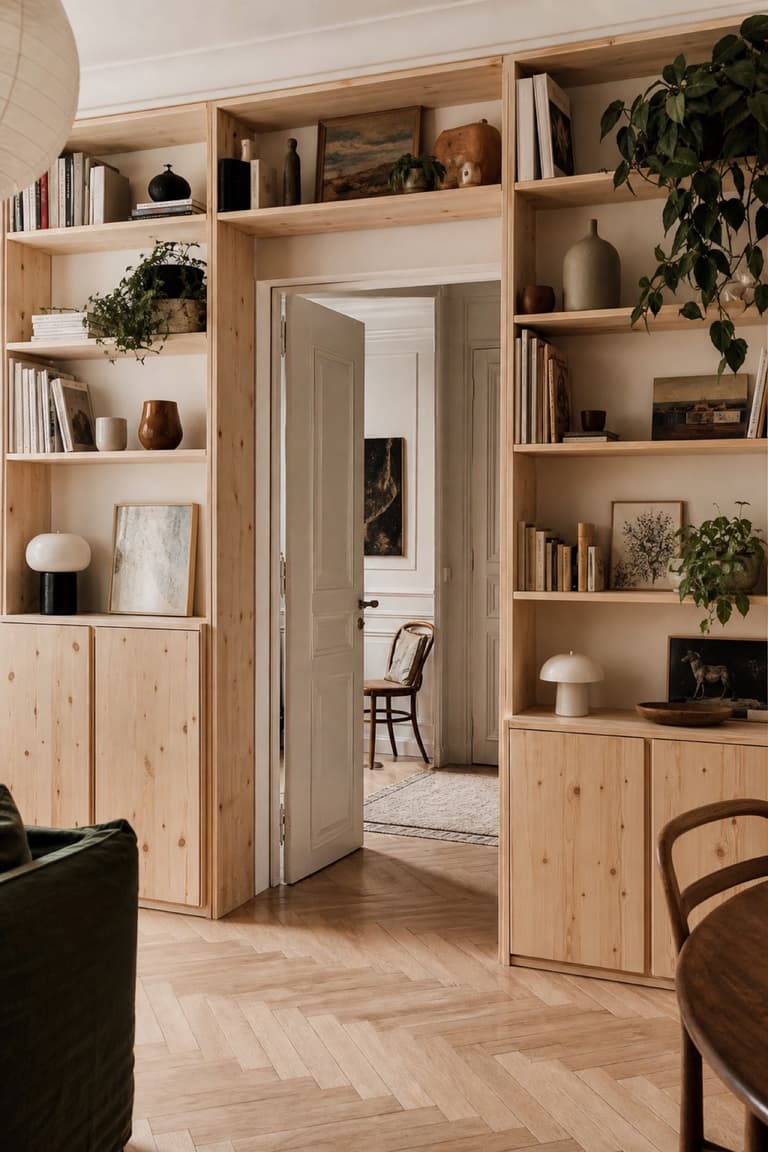 Bibliothèque en pin composée de meubles IVAR autour d’une porte dans un appartement parisien.