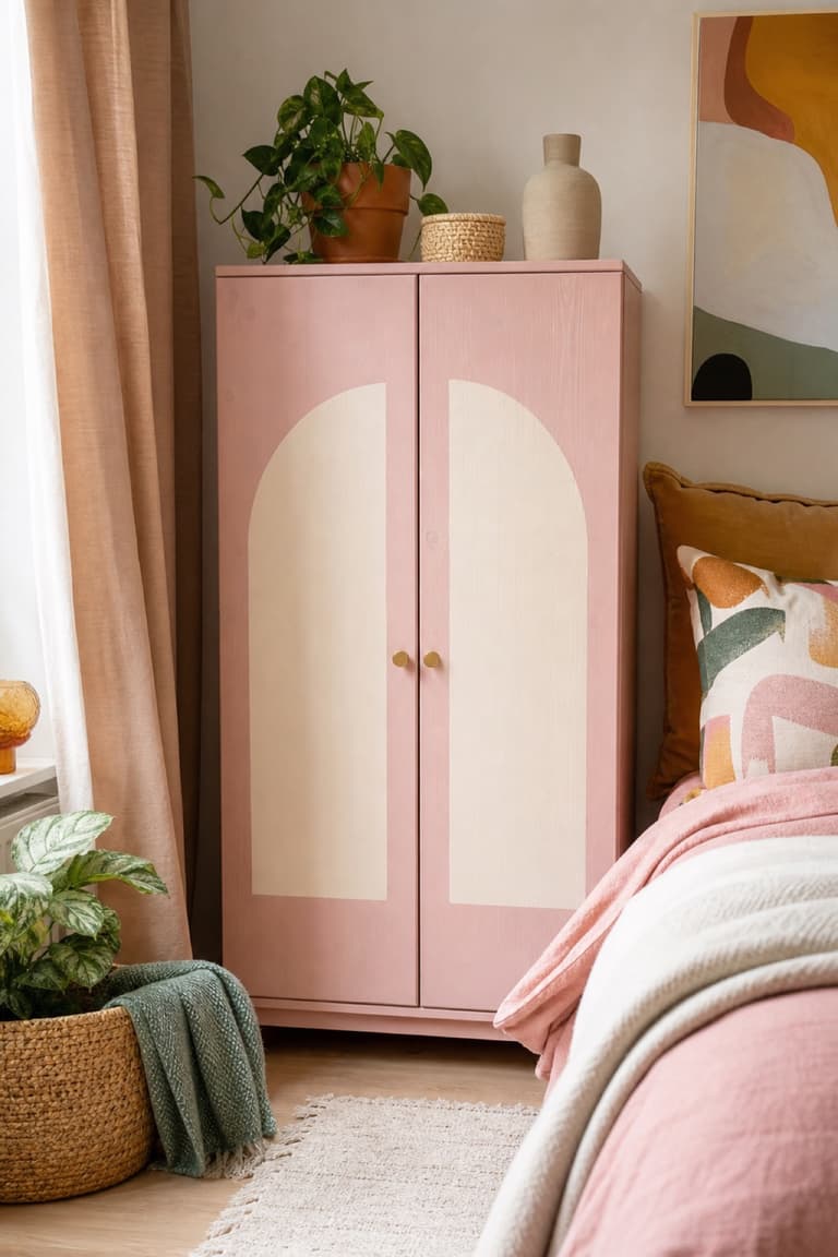 Meuble IVAR rose avec arches peintes en crème et poignées en laiton dans une chambre colorée.