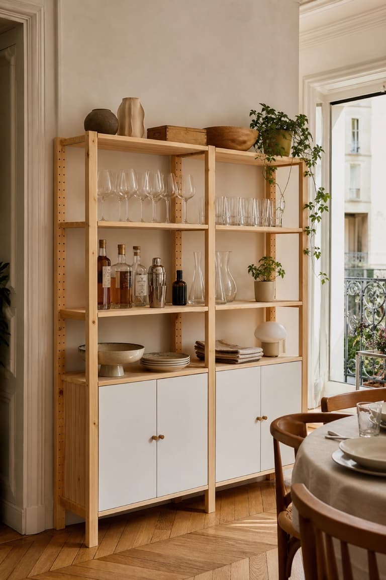Rangement IVAR en pin avec portes blanches, vaisselle et verres dans une petite salle à manger parisienne