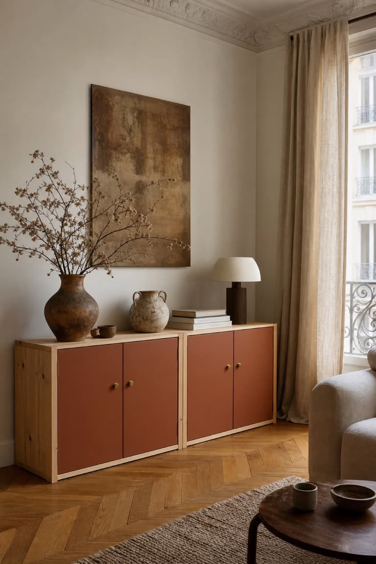 Buffet IVAR avec façades terracotta, structure en pin naturel et boutons en laiton dans un salon parisien.