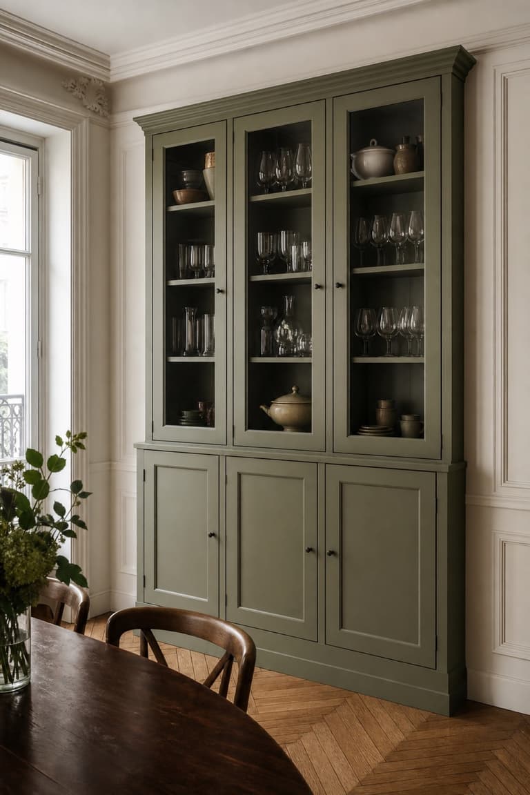 Vaisselier IVAR vert olive avec portes vitrées, corniche et rangements bas dans une salle à manger.
