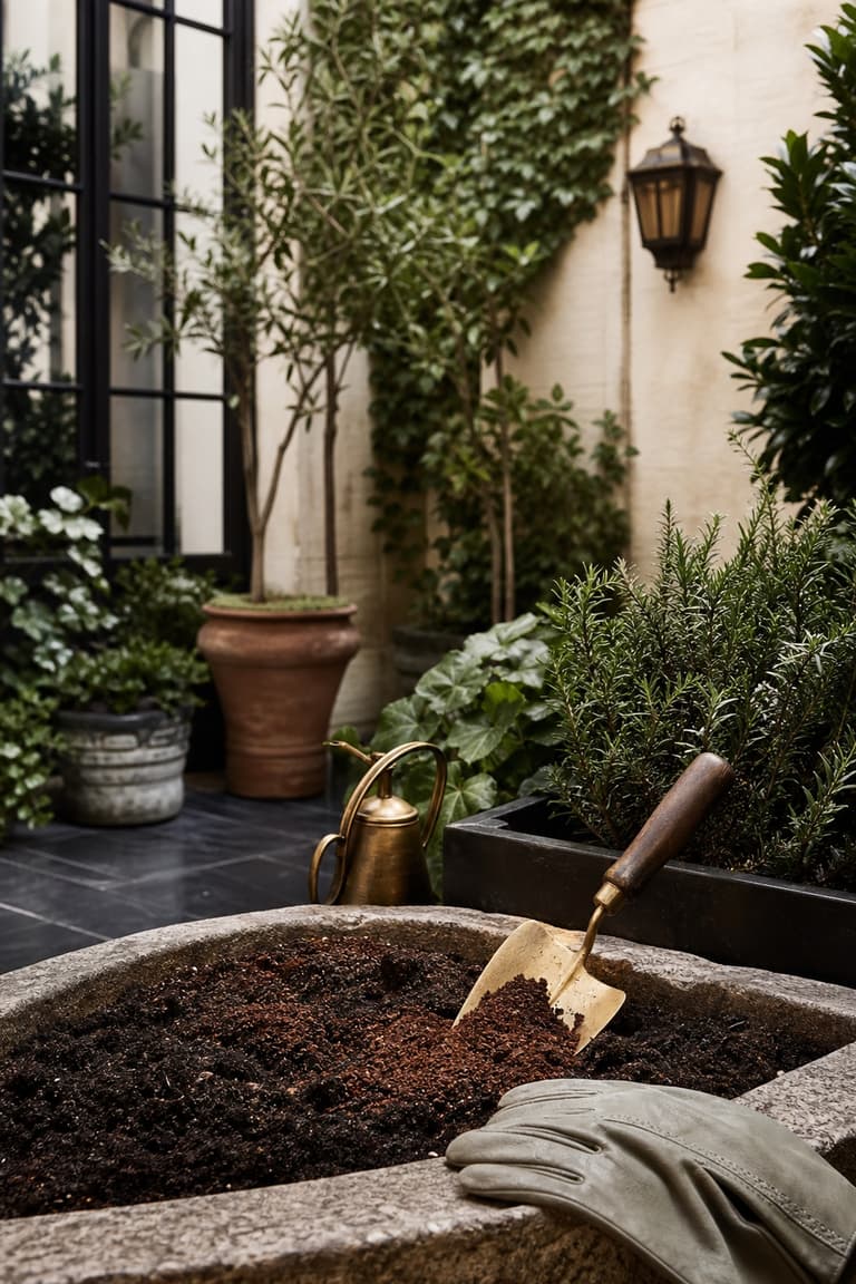 Marc de café sec mélangé en petite quantité au compost et à la terre dans un jardin urbain