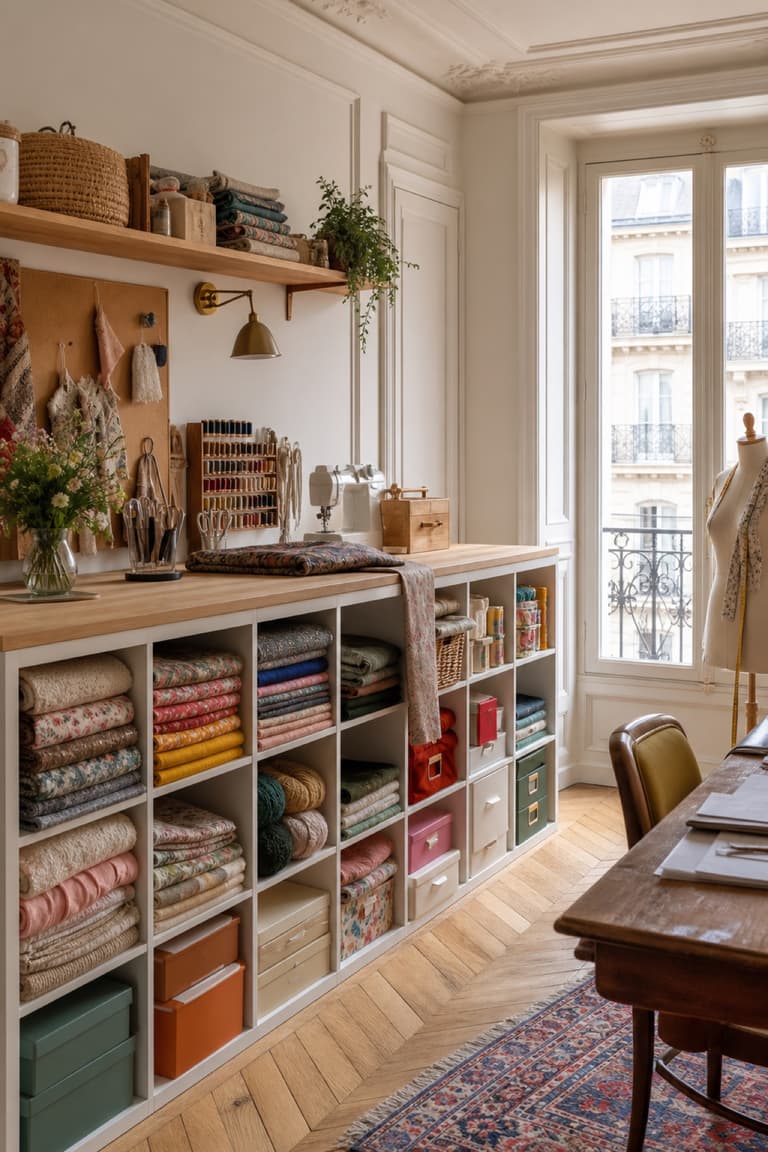 KALLAX transformée en meuble d’atelier avec tissus, fils, outils de couture et boîtes colorées