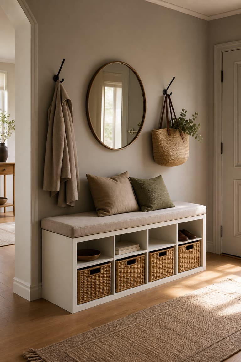 KALLAX blanche transformée en banquette d’entrée avec coussin en lin et paniers de rangement