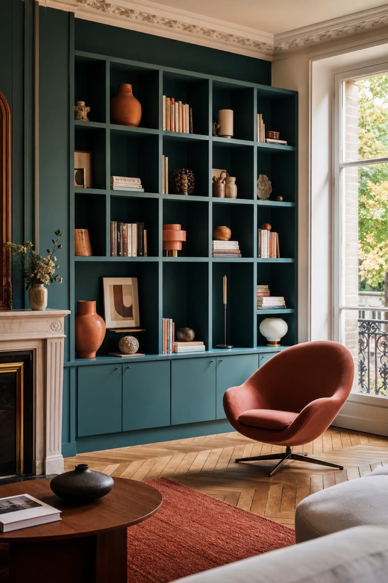 KALLAX transformée en bibliothèque colorée avec mur bleu profond, livres et objets décoratifs