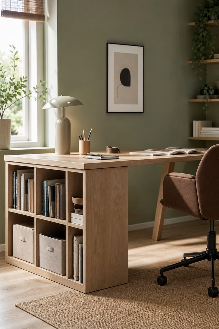 KALLAX transformée en bureau avec plateau en bois clair, livres et boîtes de rangement