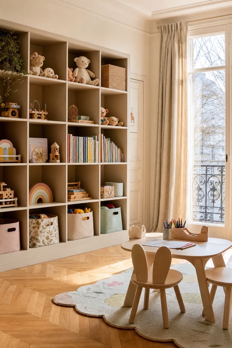 KALLAX transformée en rangement bas pour jouets et livres dans une chambre d’enfant lumineuse