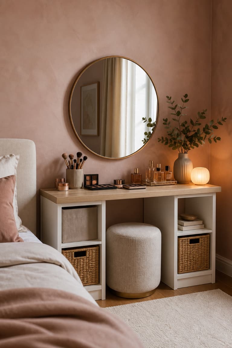 KALLAX transformée en coiffeuse avec plateau en bois clair, miroir rond et rangement beauté