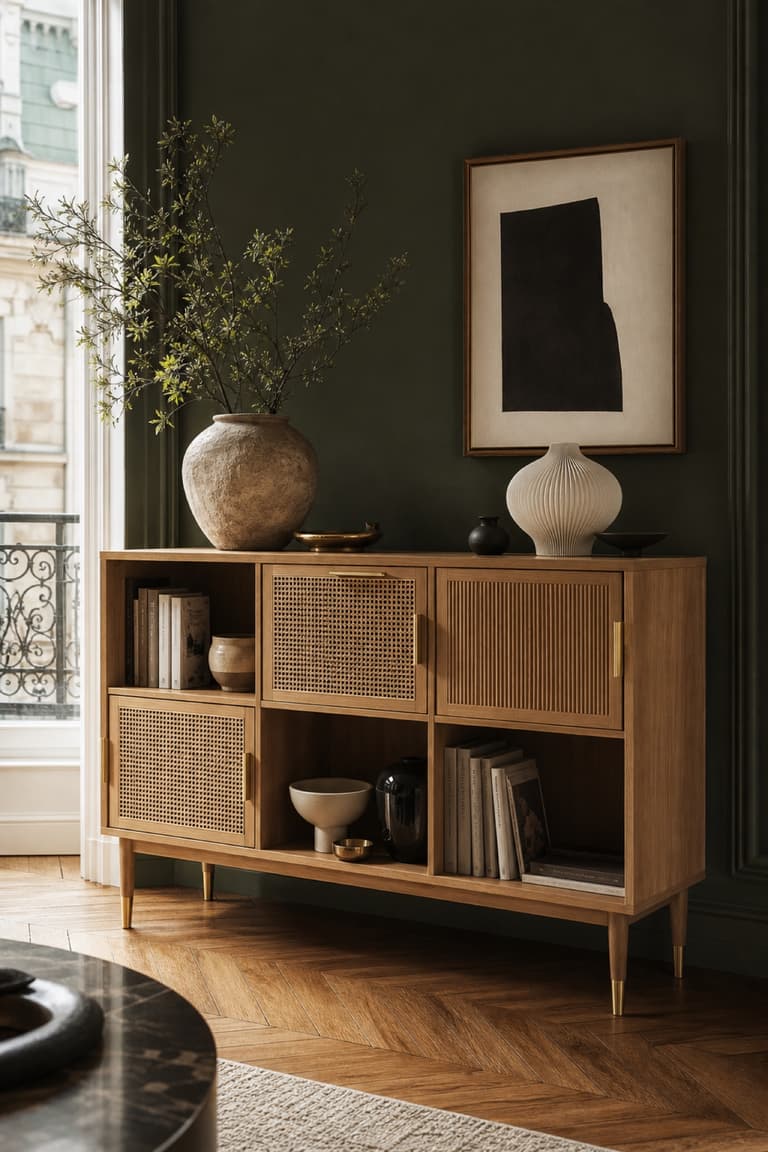 KALLAX transformée avec portes en cannage, plateau en bois, pieds fins et poignées en laiton