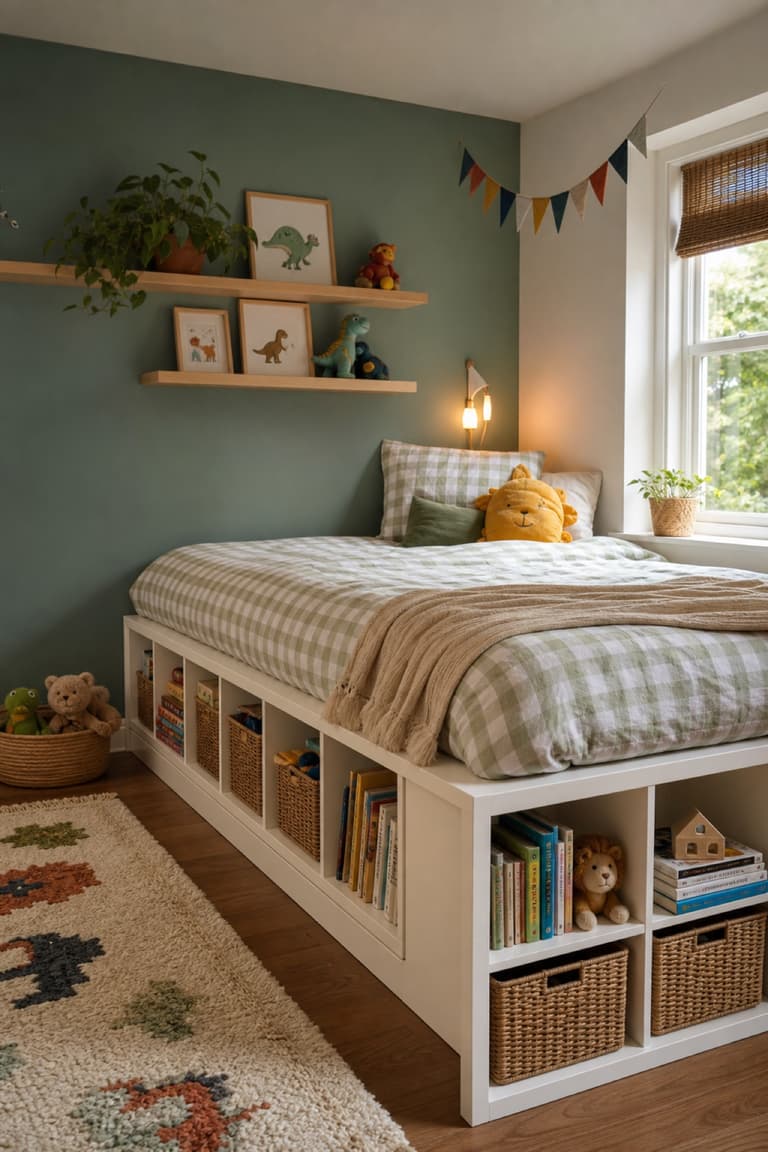 Lit d’enfant réalisé autour d’une KALLAX avec rangements pour livres, jouets et paniers