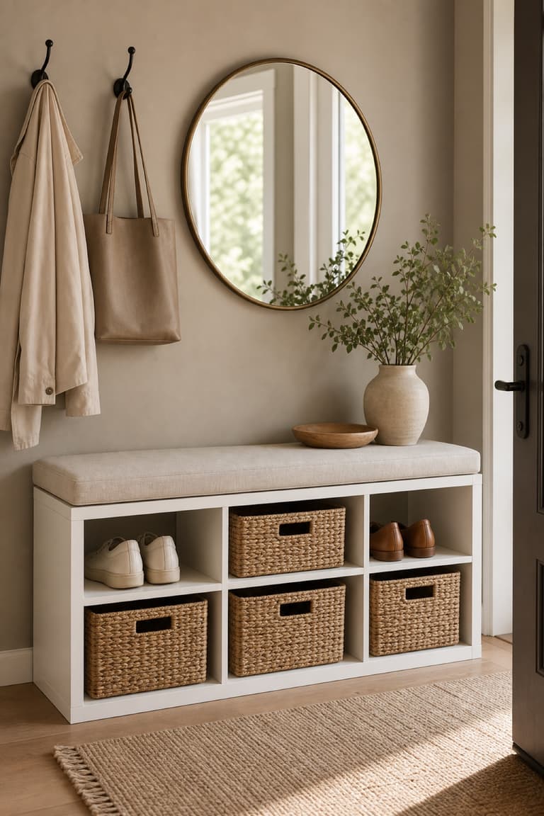 KALLAX transformée en meuble d’entrée avec coussin, paniers, miroir et patères