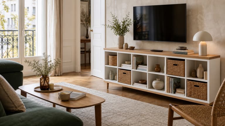KALLAX blanche transformée en meuble TV avec plateau en chêne et paniers tressés dans un salon parisien