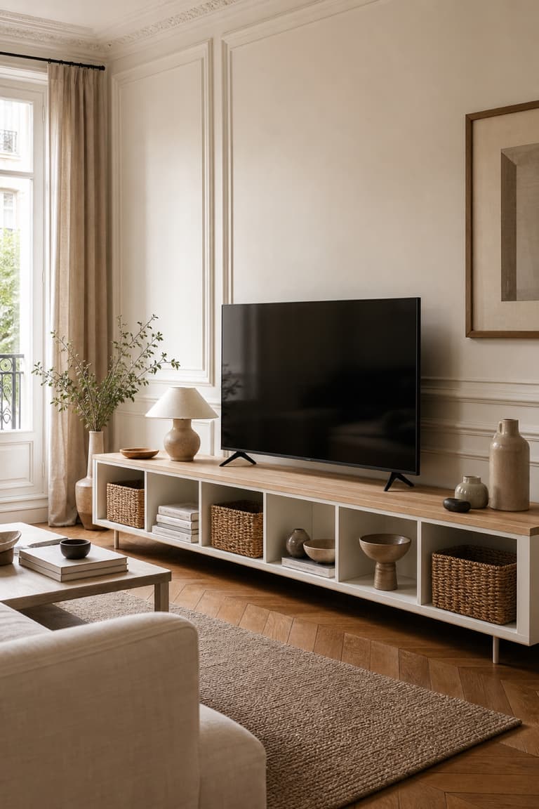 KALLAX blanche transformée en meuble TV avec plateau en bois clair dans un salon élégant