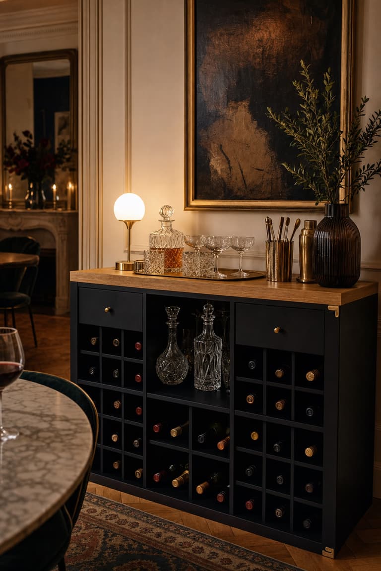 KALLAX noire transformée en meuble à vin et petit bar avec bouteilles et verres