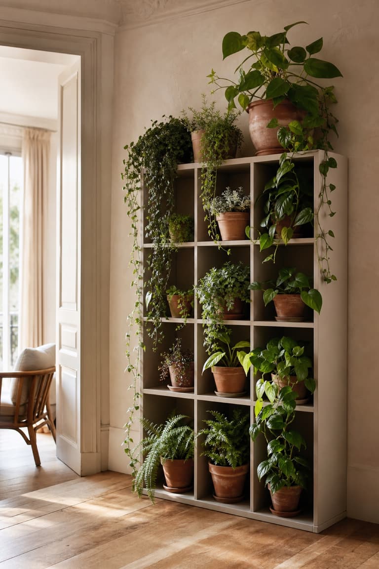 KALLAX transformée en étagère pour plantes avec pots en terre cuite et plantes retombantes