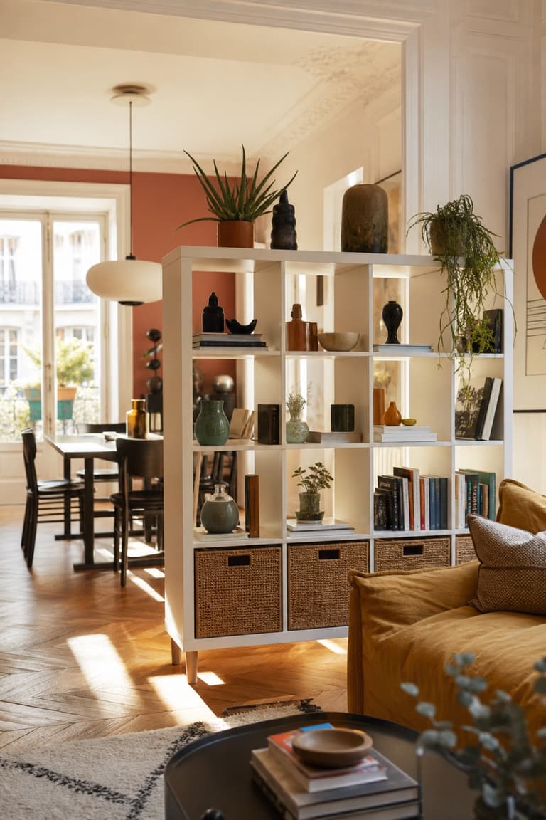 KALLAX ouverte utilisée comme séparation entre un salon et une salle à manger