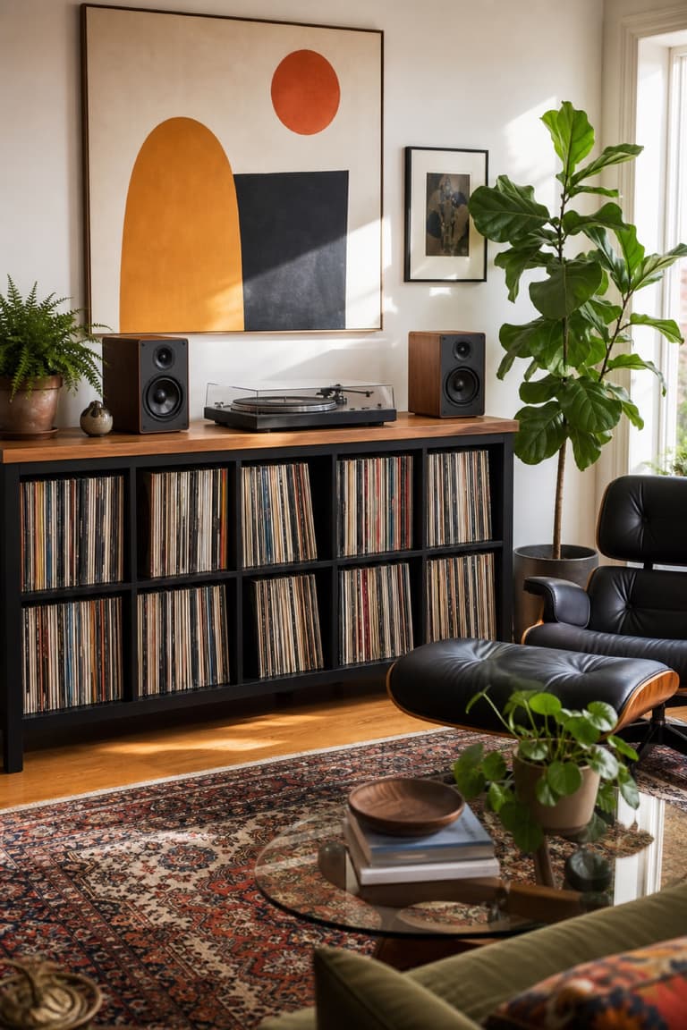 KALLAX noire transformée en meuble pour vinyles avec platine et enceintes sur un plateau en bois