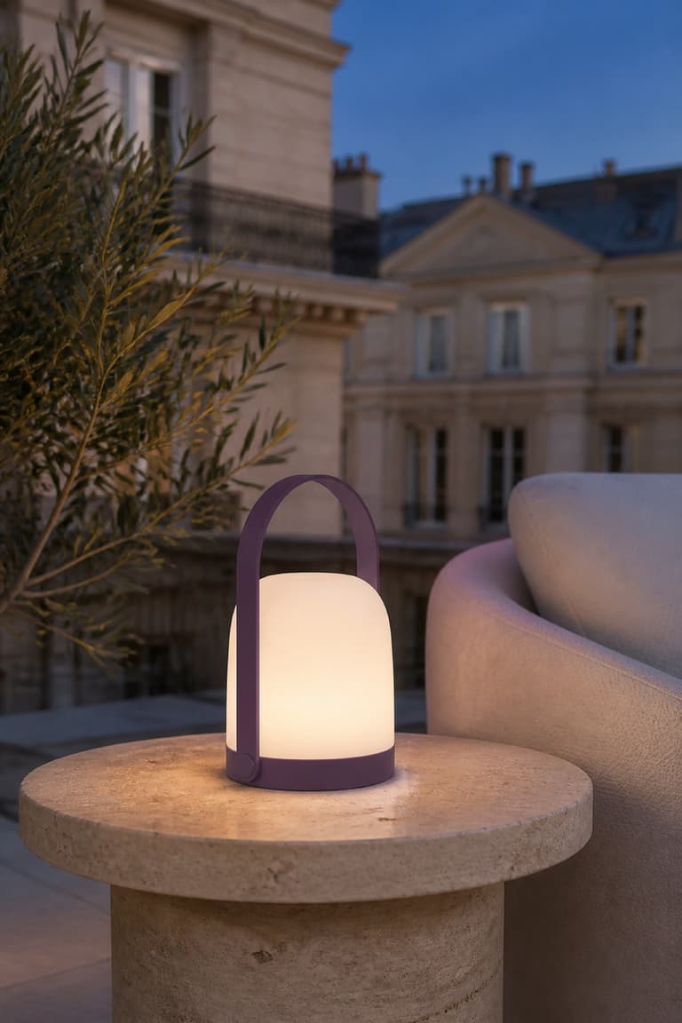 Lampe Fermob Balad violette allumée sur une terrasse élégante