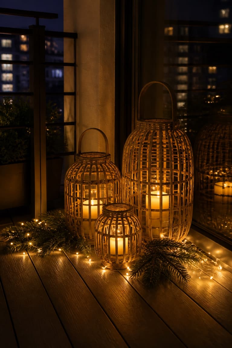 Trois lanternes tressées éclairées par des bougies LED sur un balcon décoré de branches de sapin