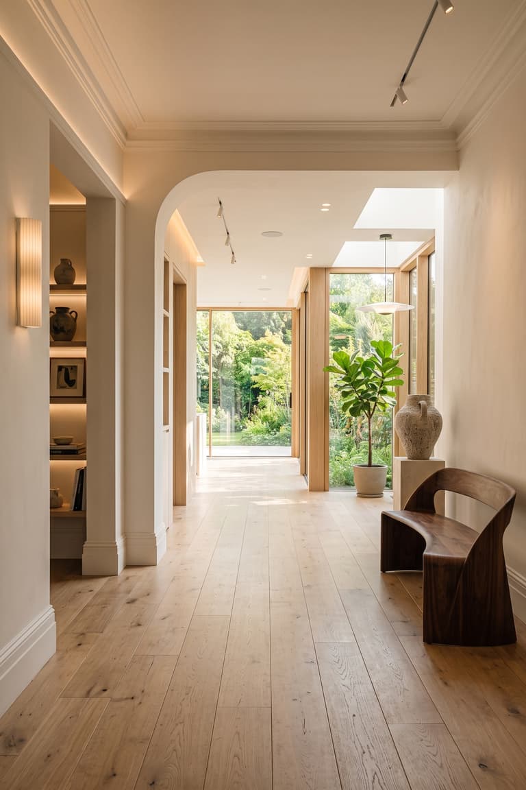 liaison harmonieuse entre la maison et l’extension avec sol continu et circulation dégagée