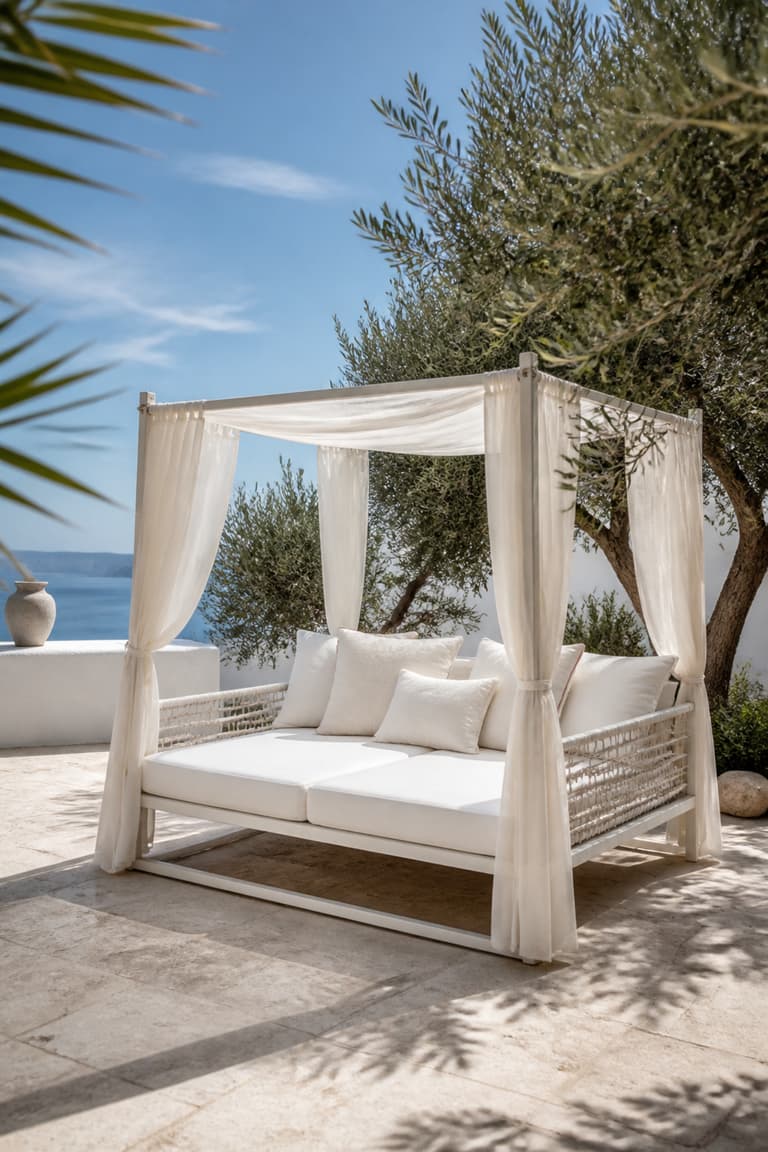 Lit balinais en aluminium blanc avec toile écrue dans un jardin méditerranéen