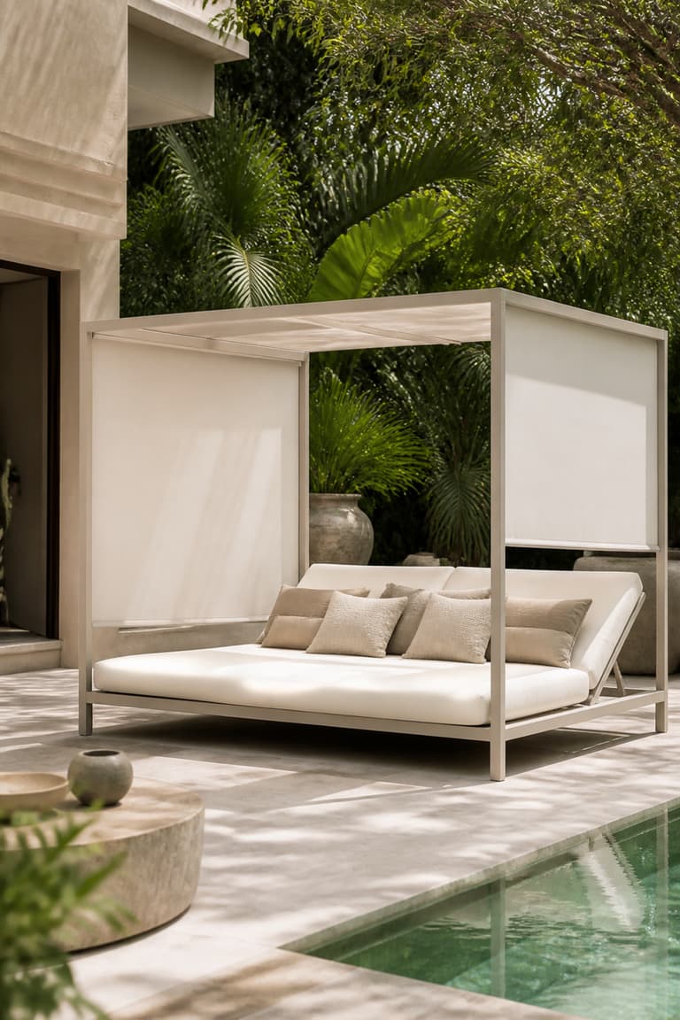 Lit balinais contemporain en aluminium avec stores blancs et matelas extérieur