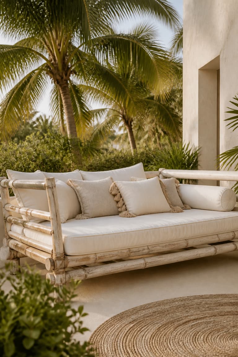 Lit balinais en bambou naturel avec coussins écrus dans une terrasse tropicale