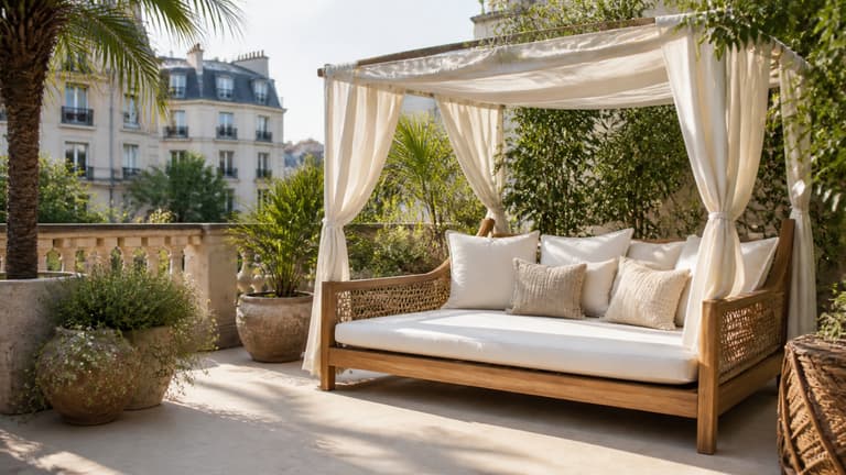 Lit balinais d’extérieur en bois avec toile écrue dans un jardin terrasse élégant