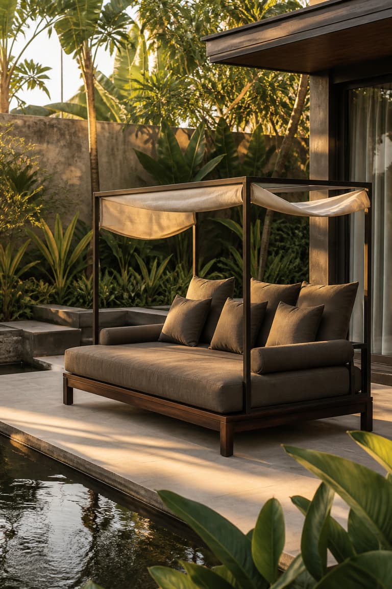 Lit balinais contemporain en teck foncé et aluminium avec coussins beiges