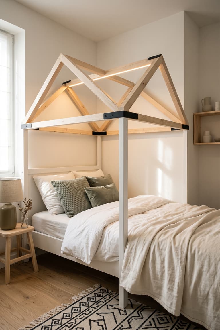 Lit KURA cabane en bois clair avec détails noirs dans une chambre scandinave
