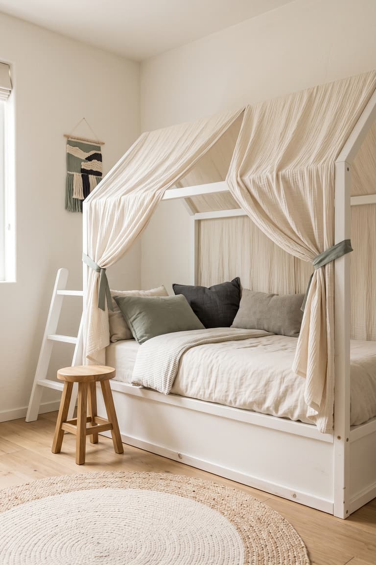 Résultat final d’un lit KURA transformé en cabane avec gaze crème et liens vert sauge