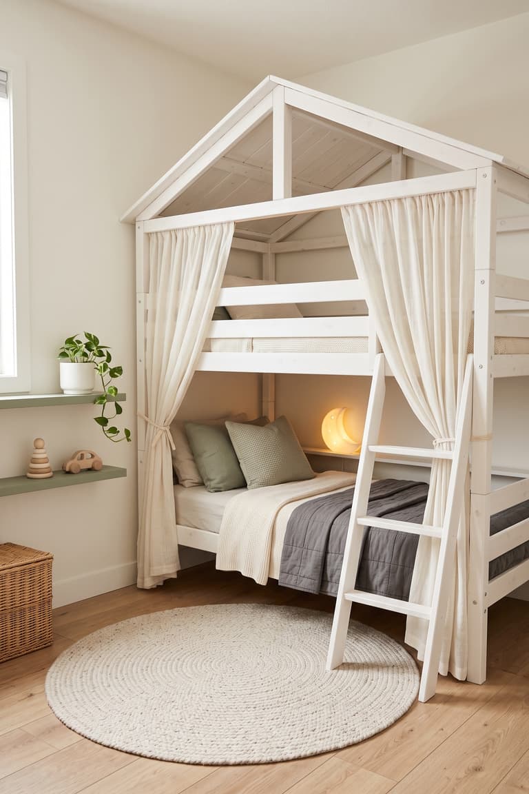 Lit KURA transformé en lit cabane avec tapis rond et rideaux crème