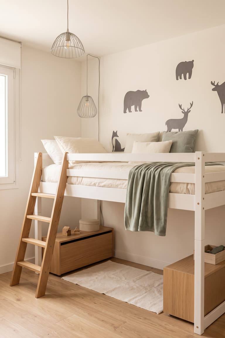 Lit KURA en hauteur avec décoration murale animalière dans une chambre d’enfant