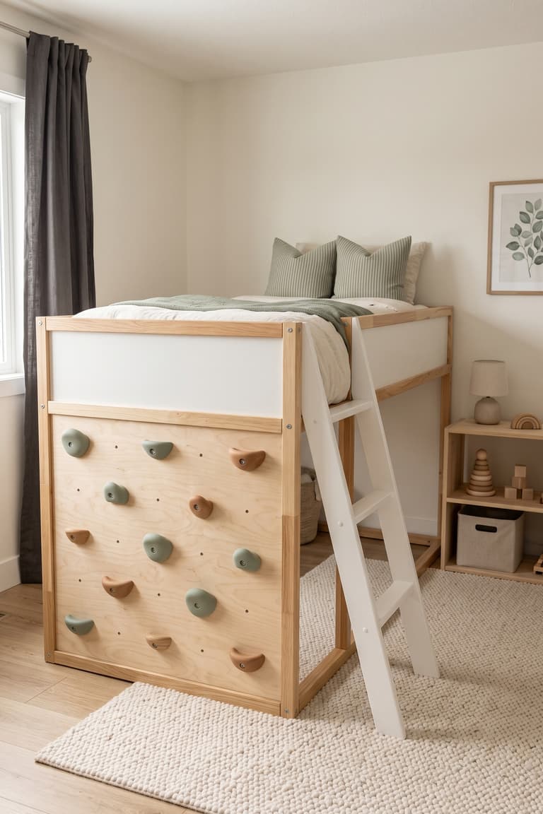 Lit KURA avec petit mur d’escalade sécurisé intégré