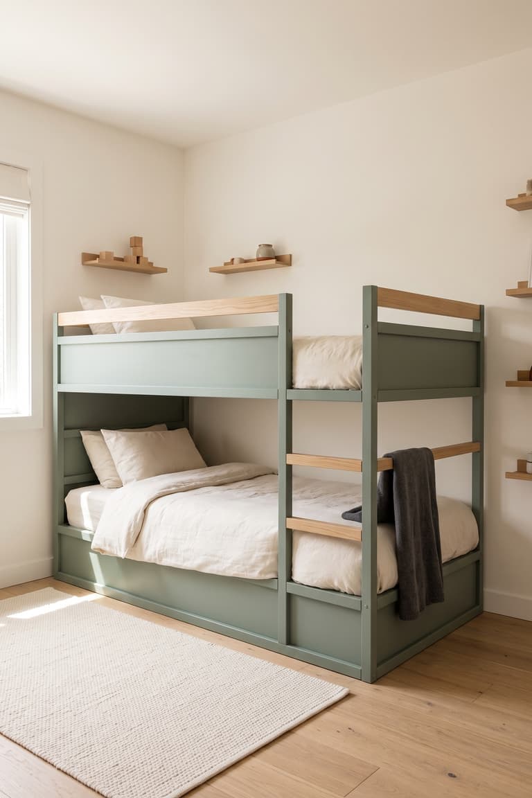 Lit KURA repeint en vert sauge mat dans une chambre d’enfant