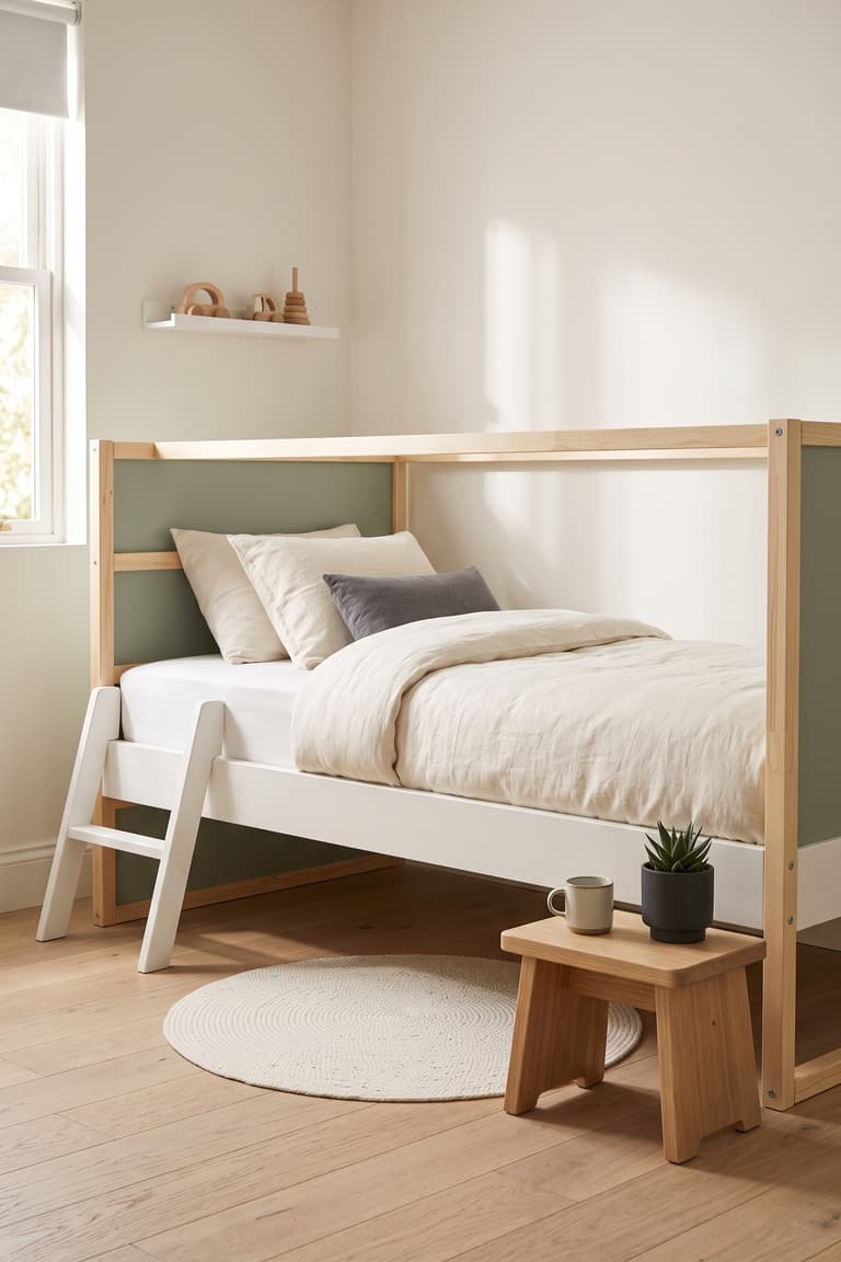 Lit KURA réversible blanc et pin clair dans une chambre d’enfant minimaliste