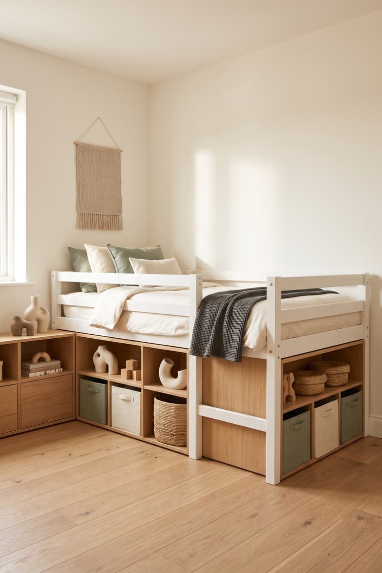 Lit KURA entouré de rangements bas et de niches en bois clair