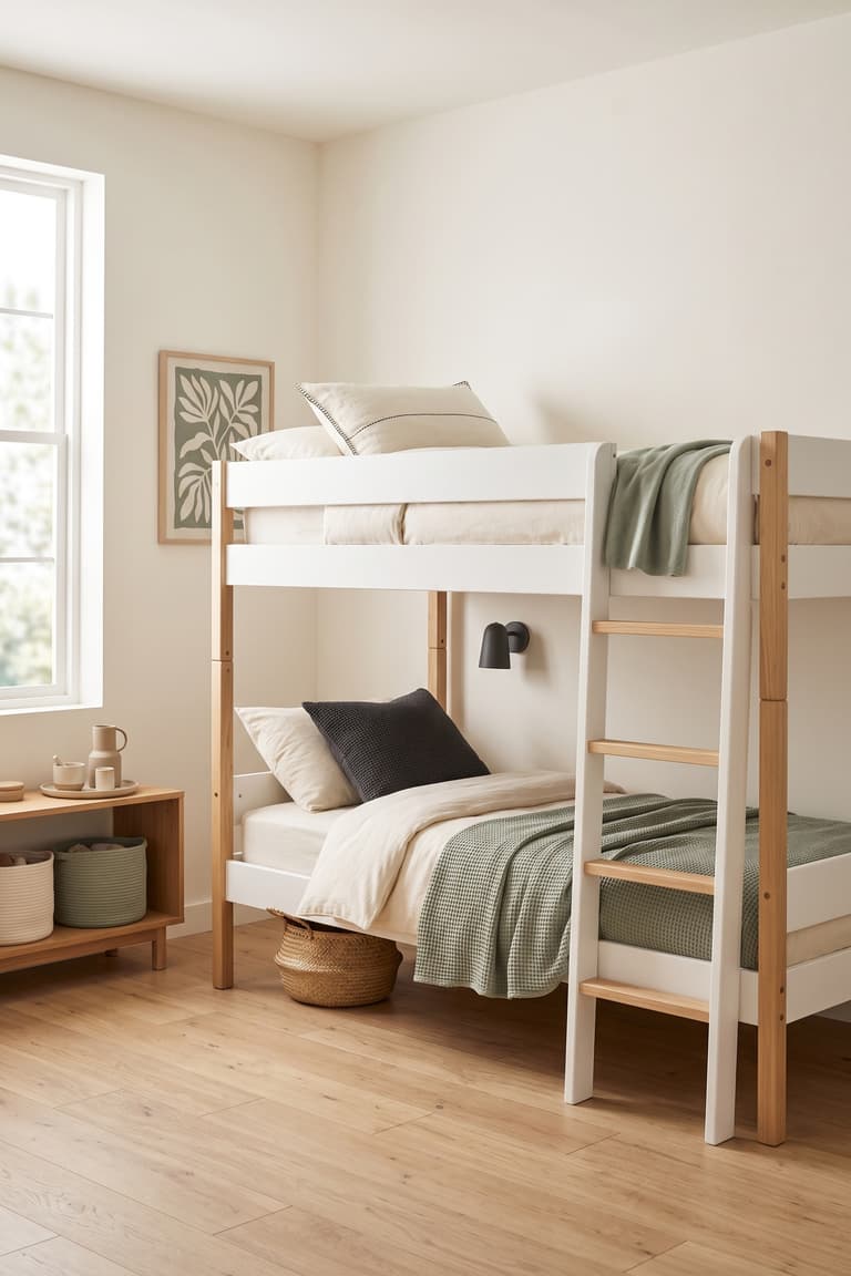 Lits KURA superposés en bois blanc et clair dans une chambre partagée