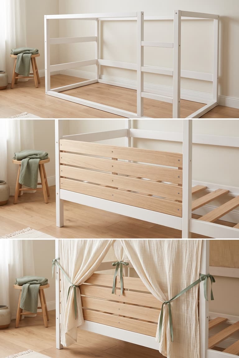 Tutoriel visuel pour transformer un lit KURA en cabane avec tasseaux et gaze crème