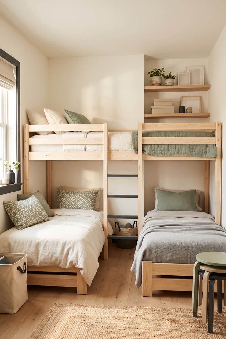 Chambre optimisée pour trois enfants avec lits KURA et couchage bas
