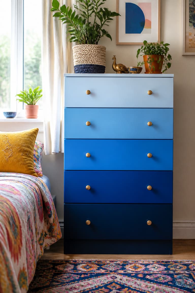 Commode MALM dont les façades sont peintes dans un camaïeu de bleus avec des boutons en laiton dans une chambre colorée.