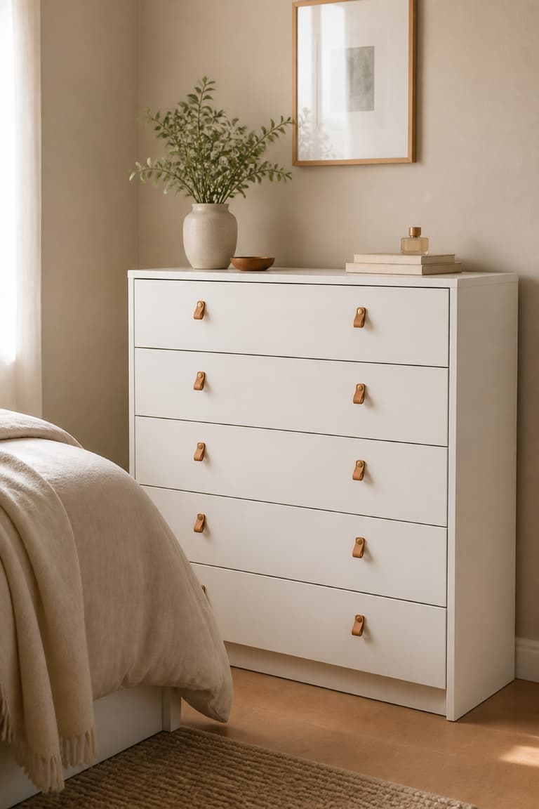 Commode MALM blanche avec petites poignées en lanière de cuir dans une chambre aux matières naturelles.