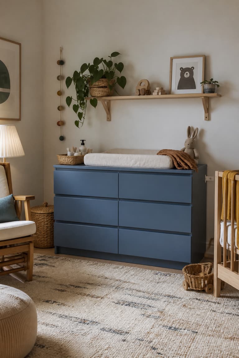 Commode MALM bleu poudré utilisée comme rangement dans une chambre d’enfant, fixée au mur et entourée de paniers.